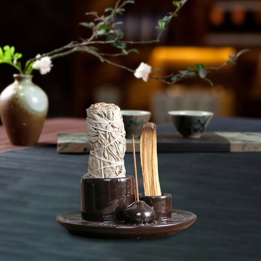 4-in-1 ceramic incense burner, incense sticks, cone incense, Palo Santo, tea light candles, meditation, aromatherapy, home décor, spiritual décor | مبخرة سيراميك 4 في 1، أعواد بخور، مخاريط البخور، خشب بالو سانتو، شموع صغيرة، التأمل، العلاج بالعطور، ديكور منزلي، ديكور روحاني