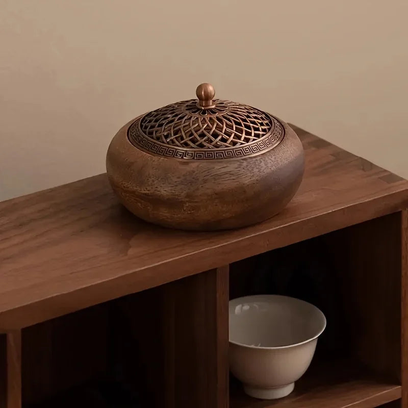 South American walnut round incense burner, solid wood, handcrafted, incense sticks, incense coils, meditation, yoga, home décor, minimalist design | مبخرة دائرية من خشب الجوز الأمريكي الجنوبي، مصنوعة يدويًا، أعواد بخور، مخاريط بخور، التأمل، اليوغا، ديكور منزلي، تصميم بسيط