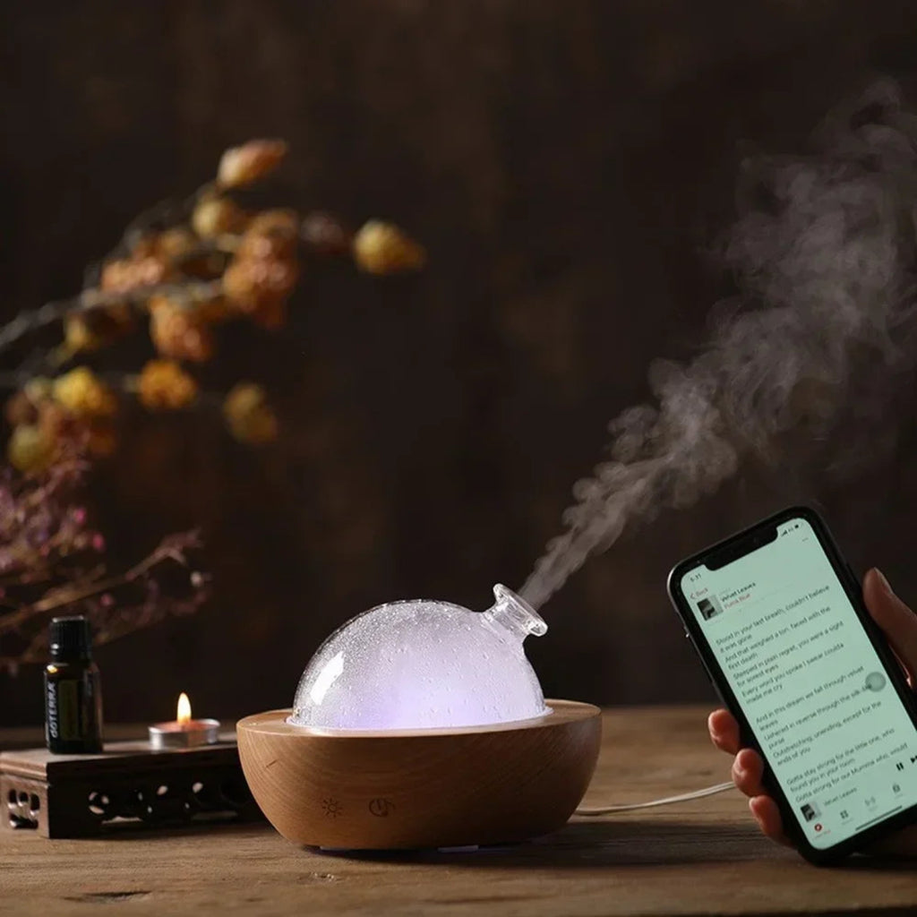 150ML Bluetooth Wooden Aromatherapy Diffuser with LED Lights and Ultrasonic Mist  ناشر عطور خشبي بتقنية البلوتوث، سعة 150 مل مع إضاءة LED وضباب فائق النعومة