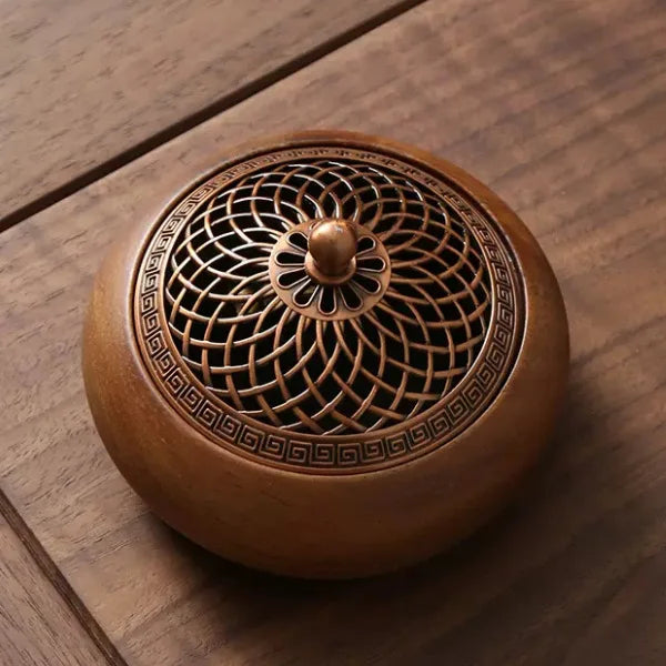 South American walnut round incense burner, solid wood, handcrafted, incense sticks, incense coils, meditation, yoga, home décor, minimalist design | مبخرة دائرية من خشب الجوز الأمريكي الجنوبي، مصنوعة يدويًا، أعواد بخور، مخاريط بخور، التأمل، اليوغا، ديكور منزلي، تصميم بسيط